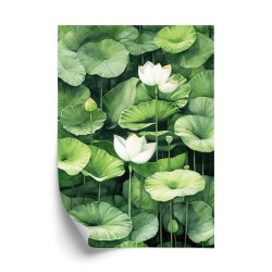Poster Weiße Blüten Zwischen Grünen Lotusblättern