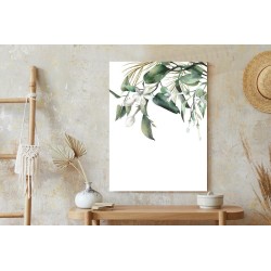 Poster Weiße Blumen Auf Grünen Aquarellzweigen