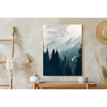 Poster Bergwald Im Morgendlichen Dichten Nebel