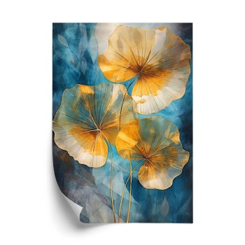 Poster Abstrakte Goldene Blätter Auf Blauem Hintergrund