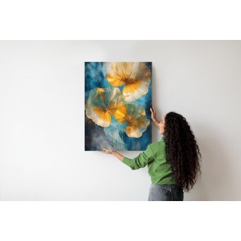 Poster Abstrakte Goldene Blätter Auf Blauem Hintergrund