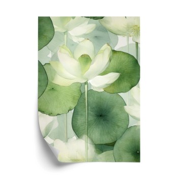 Poster Weiße Lotusblume Und Grüne Blätter Aquarell