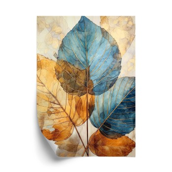 Poster Goldene Und Blaue Aquarellblätter