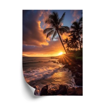 Poster Tropische Insel Mit Palmen Und Sonnenuntergang
