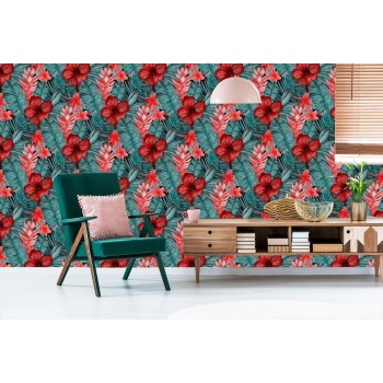 Tapete Exotische Blumen Und Blätter