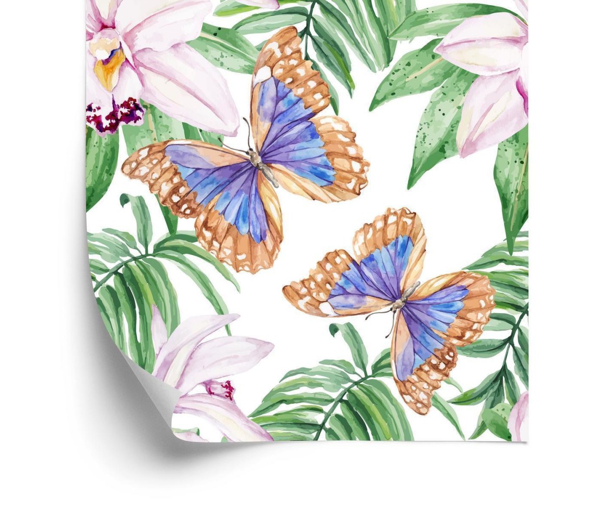 Tapete Für Das Wohnzimmer  Schmetterlinge  Blumen  Blätter