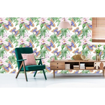 Tapete Für Das Wohnzimmer  Schmetterlinge  Blumen  Blätter