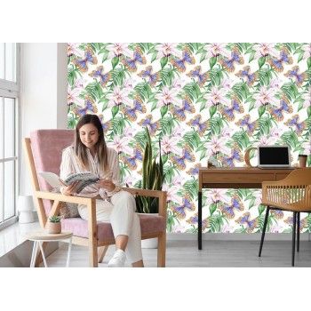 Tapete Für Das Wohnzimmer  Schmetterlinge  Blumen  Blätter