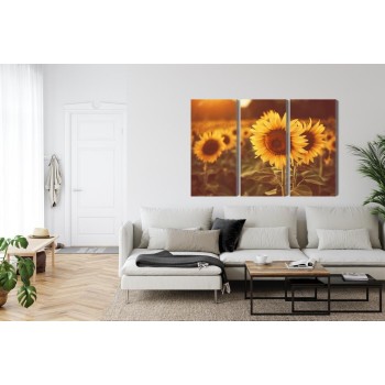 Mehrteiliges Bild Ein Feld Mit Sonnenblumen Im Retro-3D-Stil