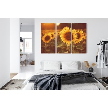 Mehrteiliges Bild Ein Feld Mit Sonnenblumen Im Retro-3D-Stil