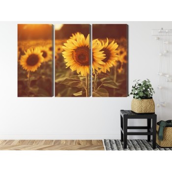 Mehrteiliges Bild Ein Feld Mit Sonnenblumen Im Retro-3D-Stil