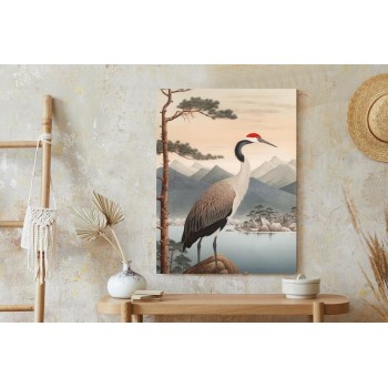 Poster Illustration Mit Einem Kranich Und Einer Kiefer