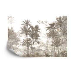 Fototapete Tropical Trees And Leaves Wallpaper Design In Foggy Forest - 3D
