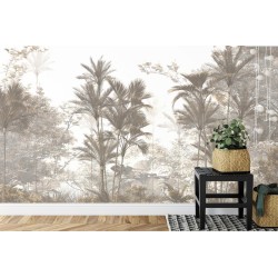 Fototapete Tropical Trees And Leaves Wallpaper Design In Foggy Forest - 3D