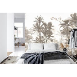 Fototapete Tropical Trees And Leaves Wallpaper Design In Foggy Forest - 3D