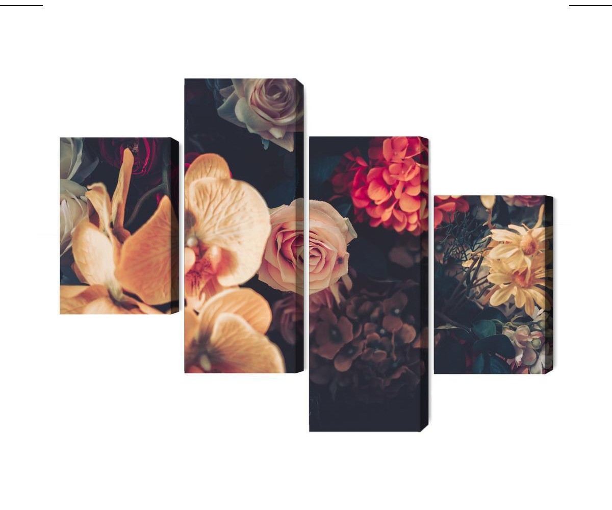 Mehrteiliges Bild Mehrfarbige Blumen Im Vintage-Stil