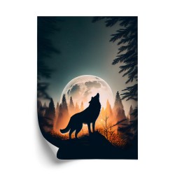 Poster Ein Wolf Heult Auf Einem Felsen Neben Dem Mond
