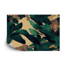 Fototapete Seamless Tropical Pattern With Exotic Trees  Leopards  And Palm Leaves. Abstract Jungle Pattern With Leopards