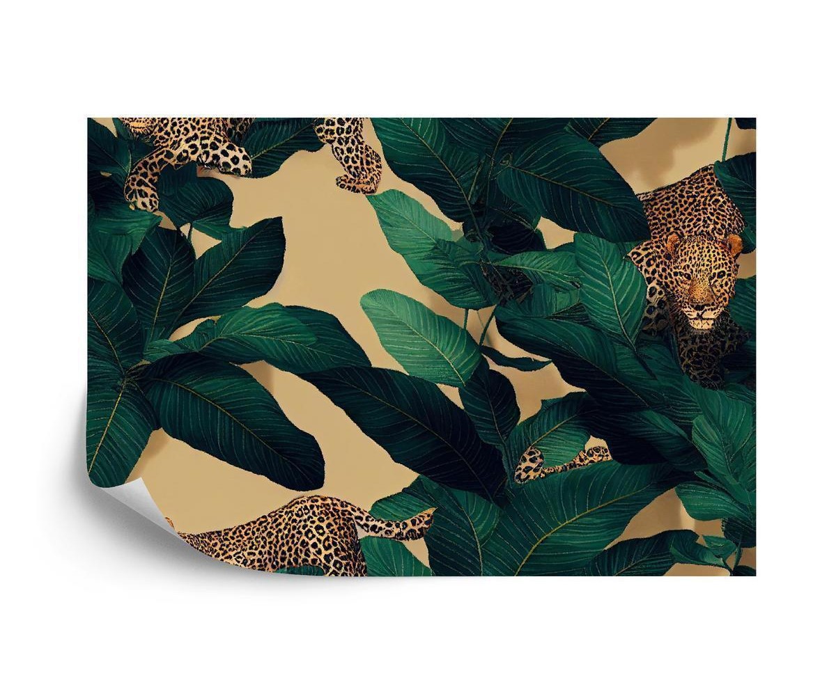 Fototapete Seamless Tropical Pattern With Exotic Trees  Leopards  And Palm Leaves. Abstract Jungle Pattern With Leopards