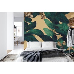 Fototapete Seamless Tropical Pattern With Exotic Trees  Leopards  And Palm Leaves. Abstract Jungle Pattern With Leopards