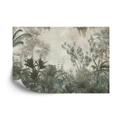 Fototapete Tropical Trees And Leaves Wallpaper Design In Foggy Forest - 3D