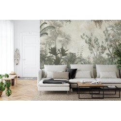 Fototapete Tropical Trees And Leaves Wallpaper Design In Foggy Forest - 3D