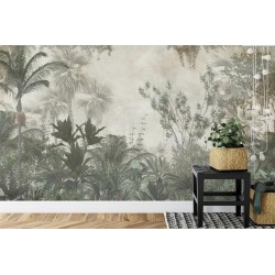Fototapete Tropical Trees And Leaves Wallpaper Design In Foggy Forest - 3D