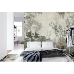 Fototapete Tropical Trees And Leaves Wallpaper Design In Foggy Forest - 3D