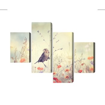 Mehrteiliges Bild Ein Vogel Unter Wilden Blumen