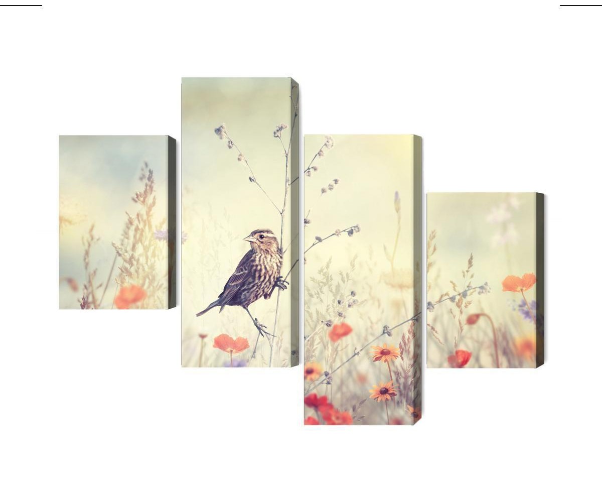 Mehrteiliges Bild Ein Vogel Unter Wilden Blumen