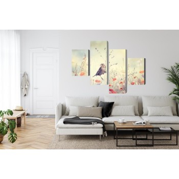 Mehrteiliges Bild Ein Vogel Unter Wilden Blumen