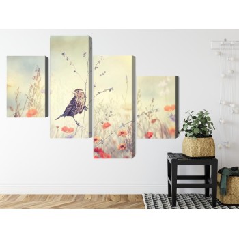 Mehrteiliges Bild Ein Vogel Unter Wilden Blumen
