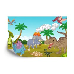 Fototapete Bunte Dinosaurier Und Vulkan