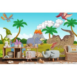 Fototapete Bunte Dinosaurier Und Vulkan