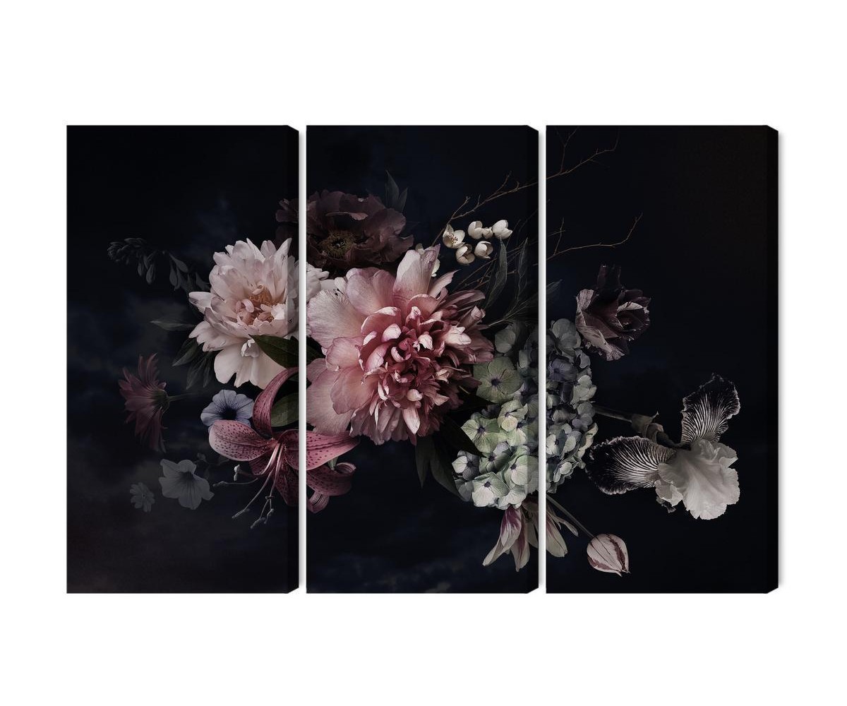 Mehrteiliges Bild Blumen Im Vintage-Stil Auf Dunklem Hintergrund
