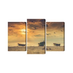 Mehrteiliges Bild Boote Am Strand Bei Sonnenuntergang