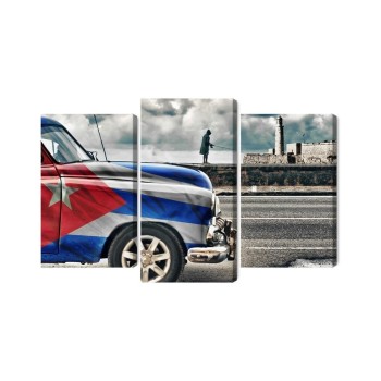 Mehrteiliges Bild Ein Auto Mit Kubanischer Flagge Auf Den Straßen Von Havanna