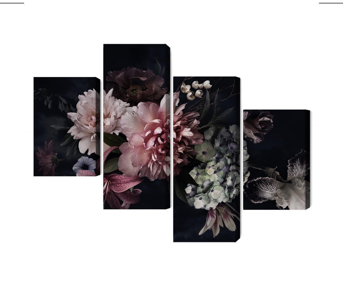 Mehrteiliges Bild Blumen Im Vintage-Stil Auf Dunklem Hintergrund