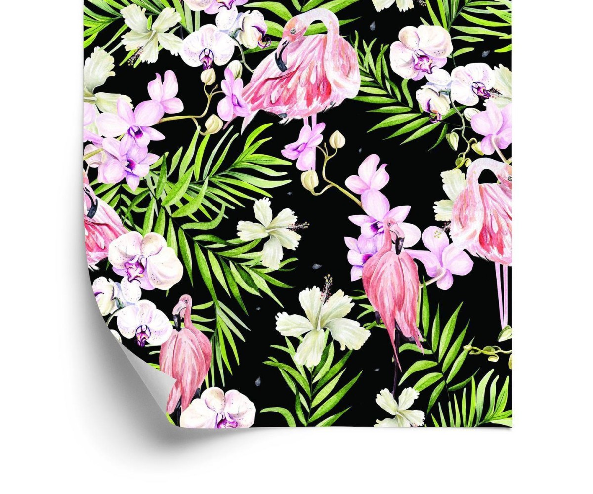 Tapete Für Das Wohnzimmer Flamingos Blumen Blätter Grün