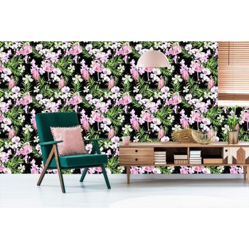 Tapete Für Das Wohnzimmer Flamingos Blumen Blätter Grün
