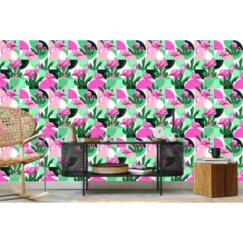 Tapete Modische Rosa Flamingos Und Blätter