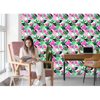 Tapete Modische Rosa Flamingos Und Blätter