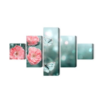 Mehrteiliges Bild Zarte Blumen Und 3D-Schmetterlinge