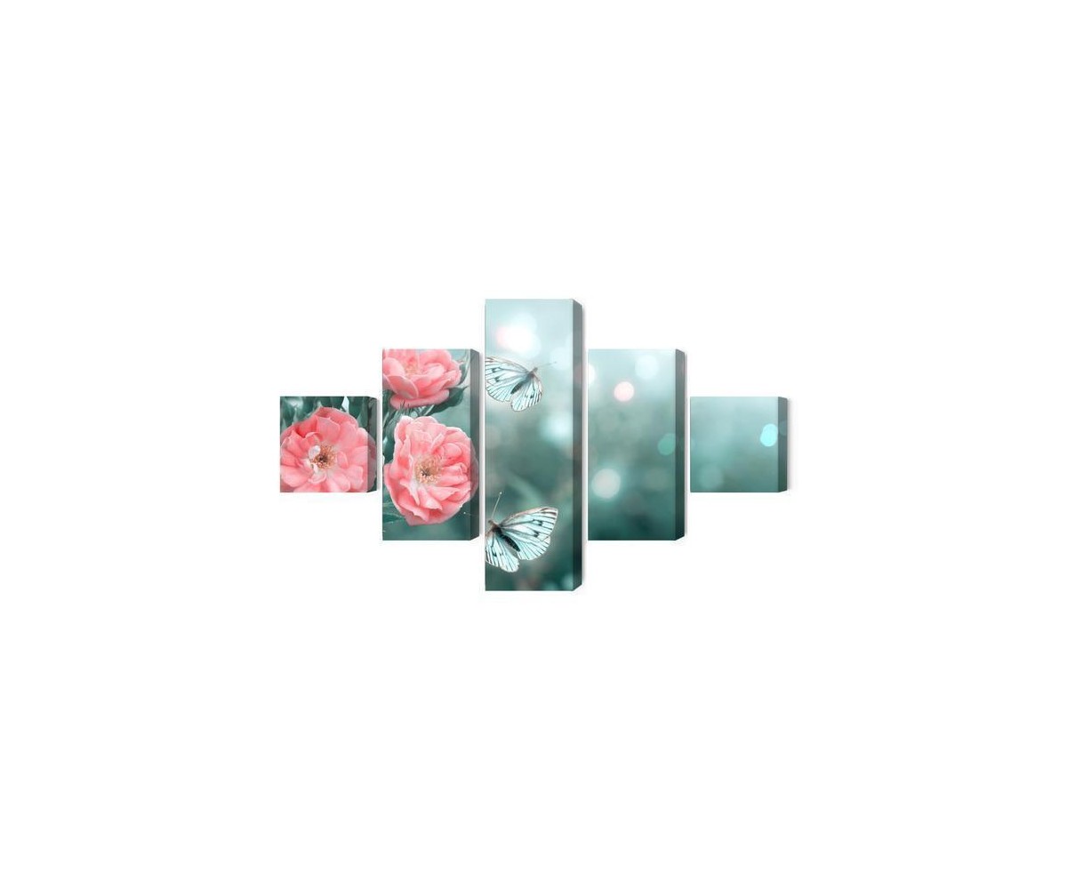 Mehrteiliges Bild Zarte Blumen Und 3D-Schmetterlinge