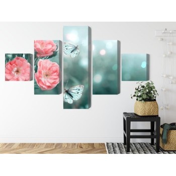 Mehrteiliges Bild Zarte Blumen Und 3D-Schmetterlinge