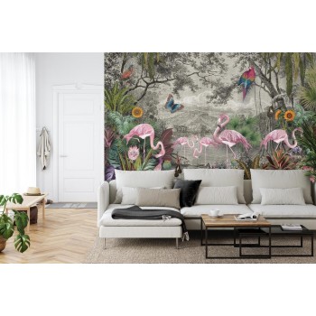 Fototapete Wallpaper Jungle And Tropical Forest Banana Palm And Tropical Birds  Old Drawing
