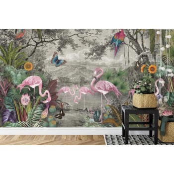 Fototapete Wallpaper Jungle And Tropical Forest Banana Palm And Tropical Birds  Old Drawing