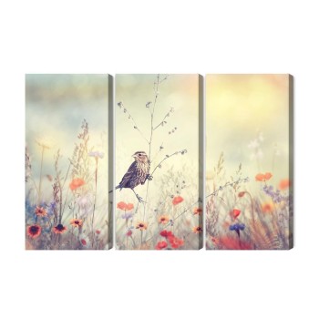 Mehrteiliges Bild Ein Vogel Unter Wilden Blumen