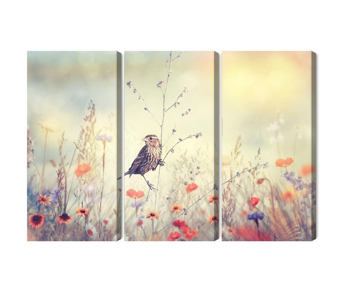 Mehrteiliges Bild Ein Vogel Unter Wilden Blumen