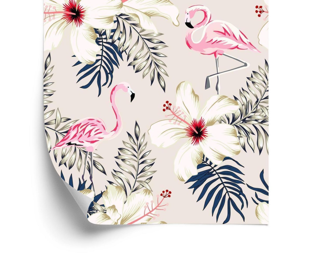 Tapete Flamingos  Blätter Und Blumen